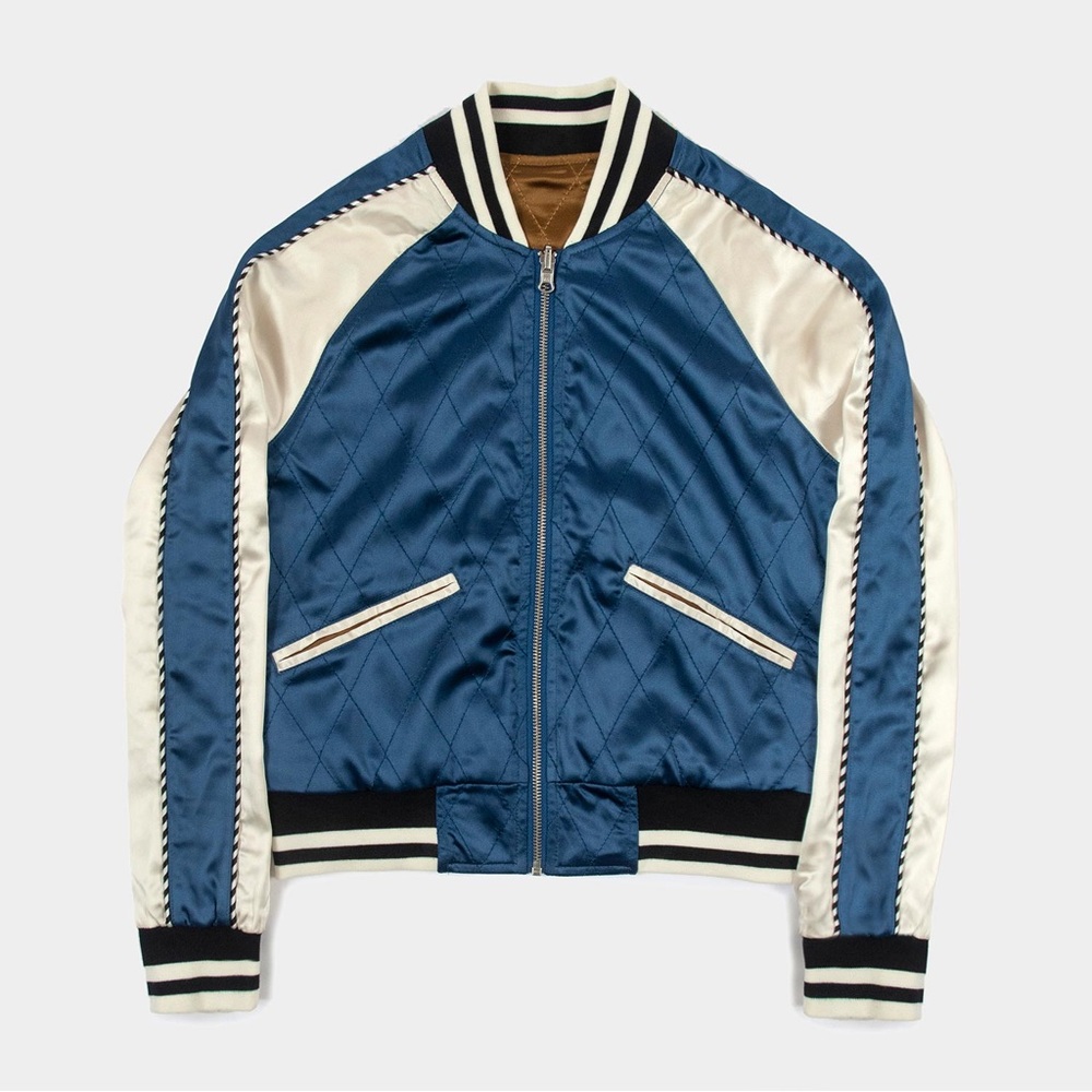 NWT blue and copper reversible satin bomber jacket
